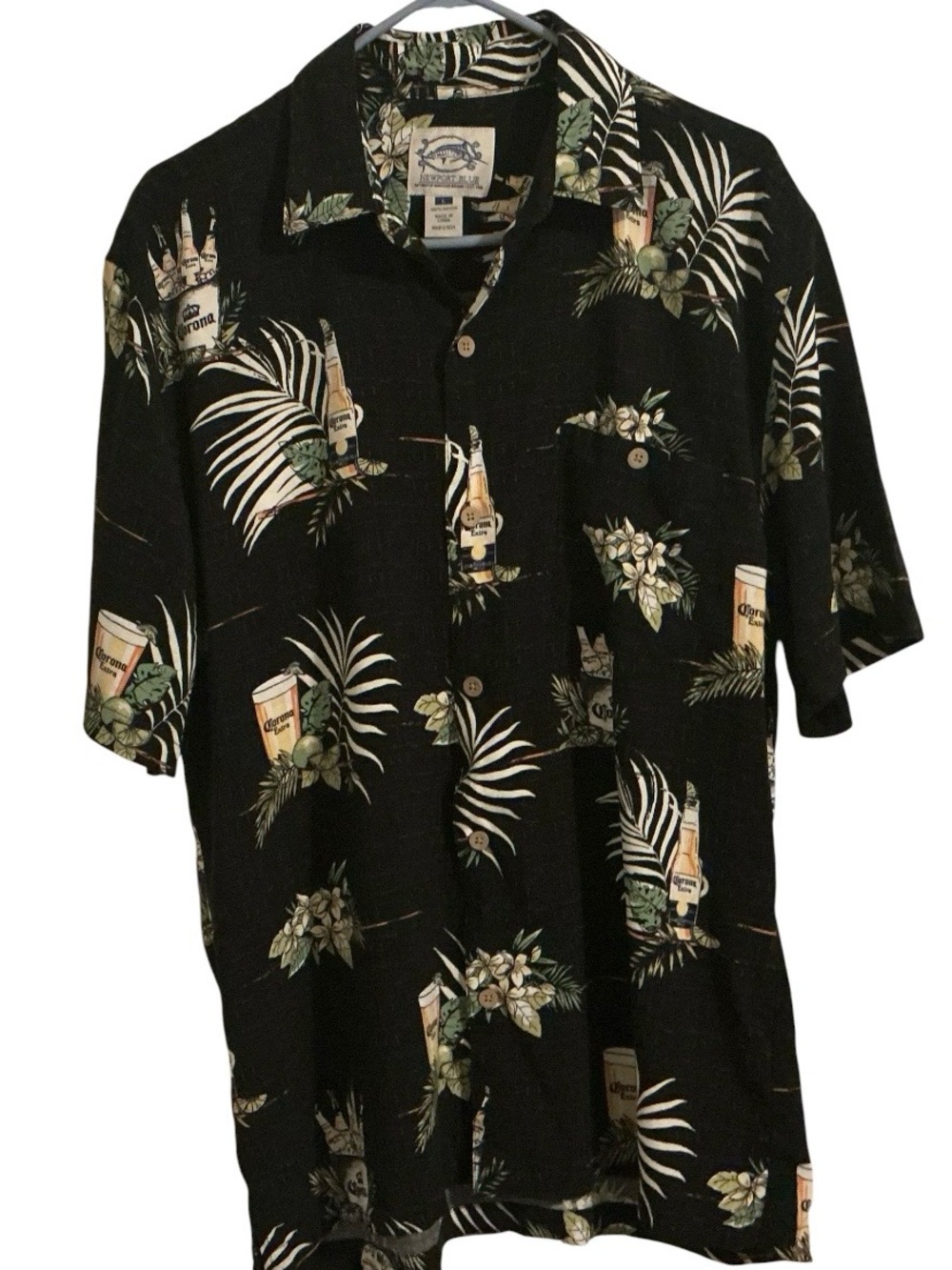 Newport Blue Corona Extra Hawaiian Shirt Mens L Black 100% Rayon Tropical Aloha